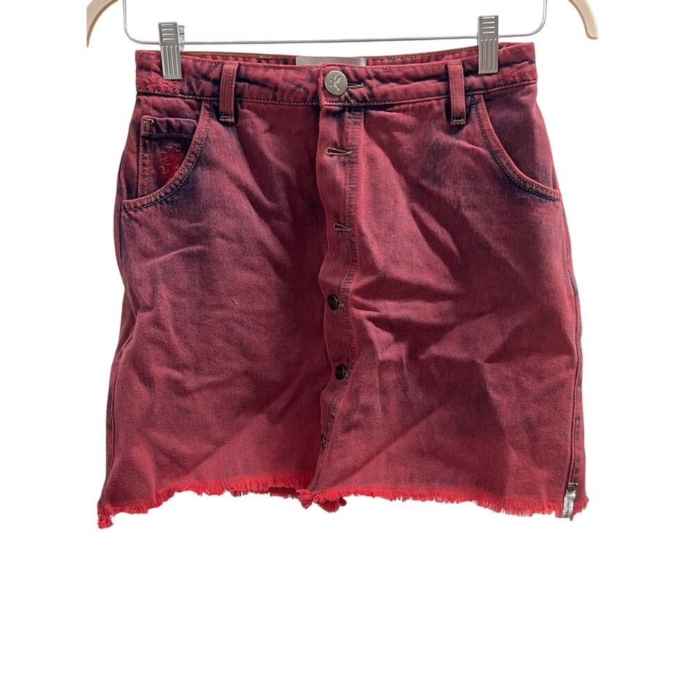 One Teaspoon Sz 26 Dark Red Denim Button Front Raw Hem Jean Mini Skirt Grunge